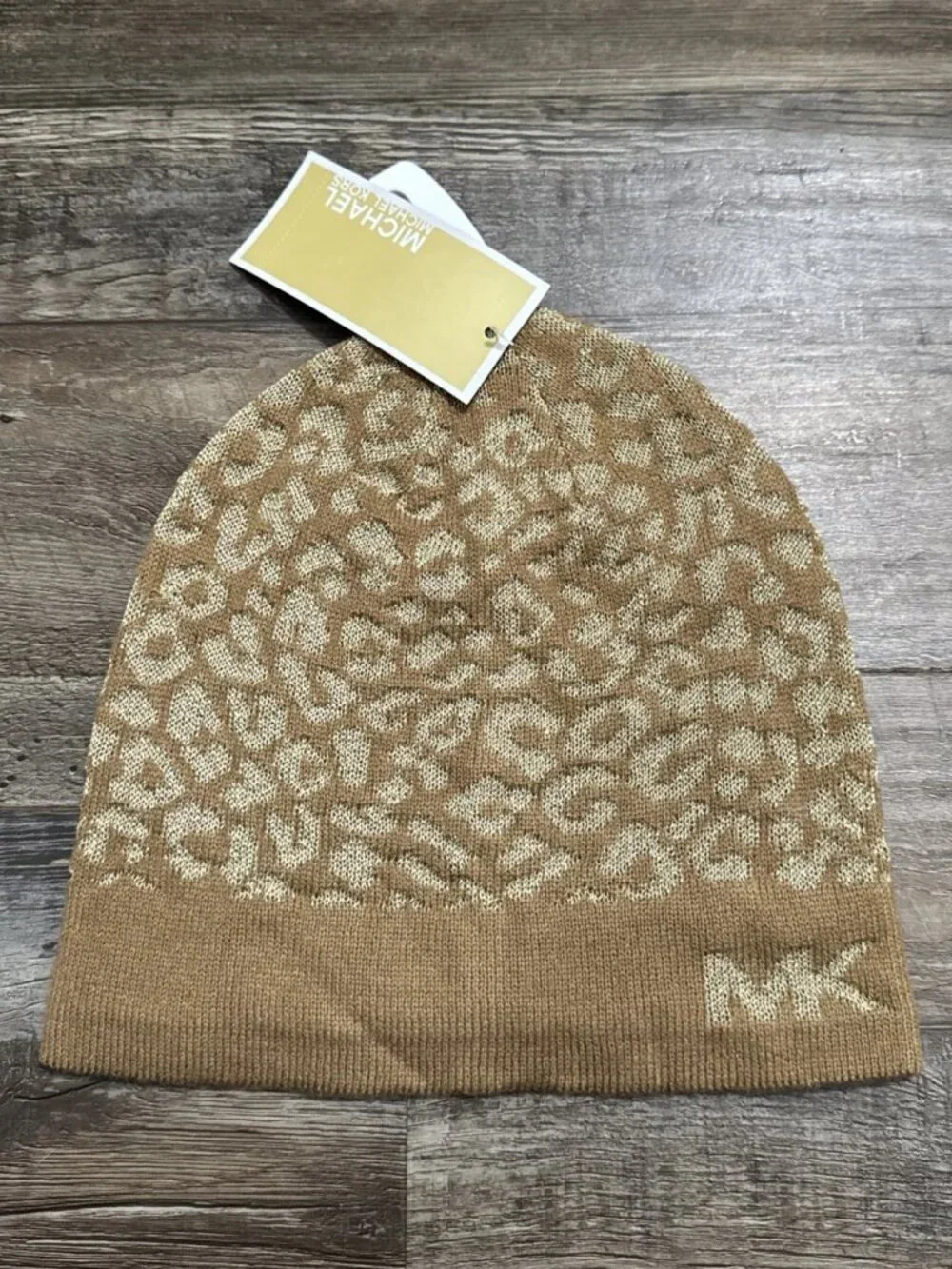 NWT Michael Kors Metallic Leopard Knit Beanie Camel Gold Shimmer MSRP $48